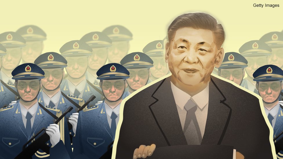 Ilustração de Xi Jinping junto a tropas chinesas