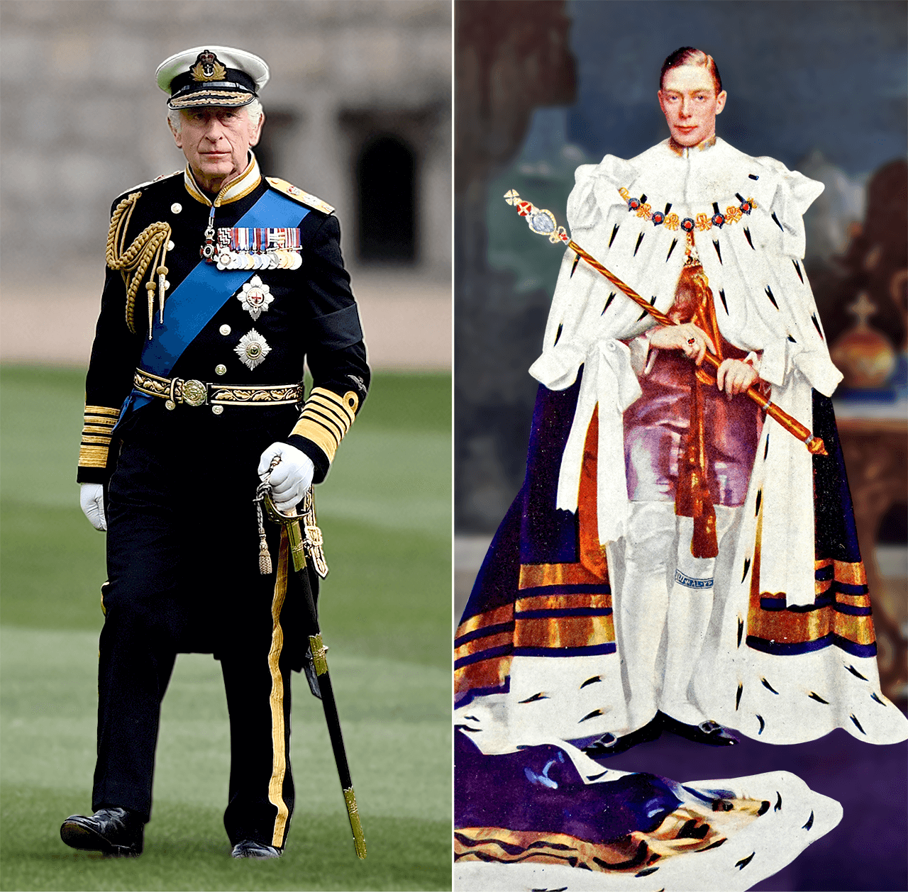 King Charles III in a military uniform and George VI in breeches and stockings