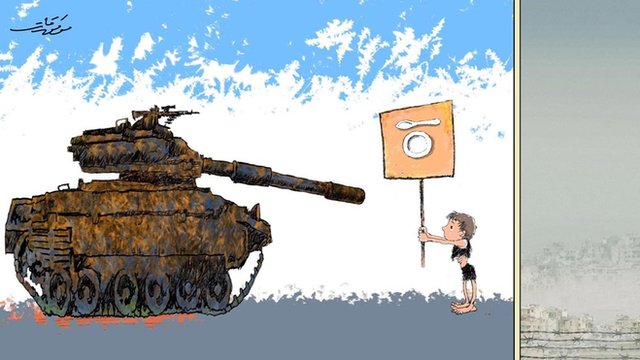 A cartoon created by prominent Syrian artist Mwafaq Katt depicts a child in tattered clothes facing a tank while holding a banner that shows a plate and a spoon.