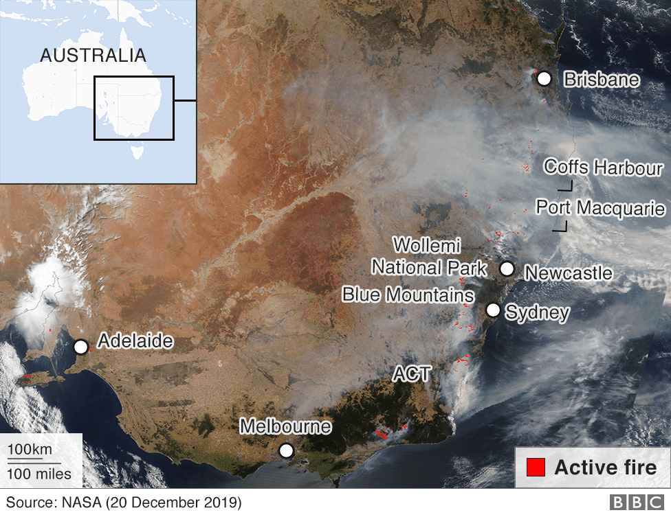 Спутниковый снимок показывает дым от пожаров в восточной Австралии