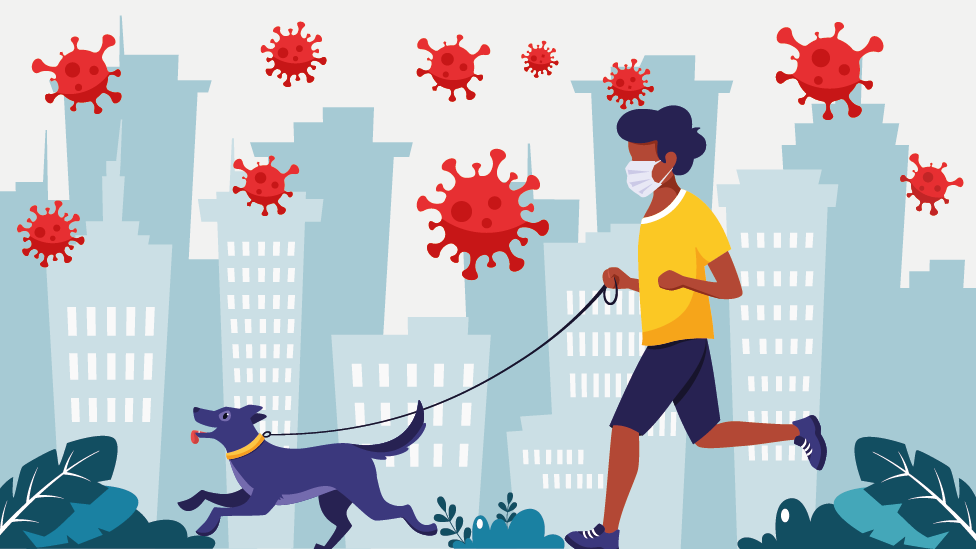 Ilustración de persona corriendo con perro y el coronavirus en el aire