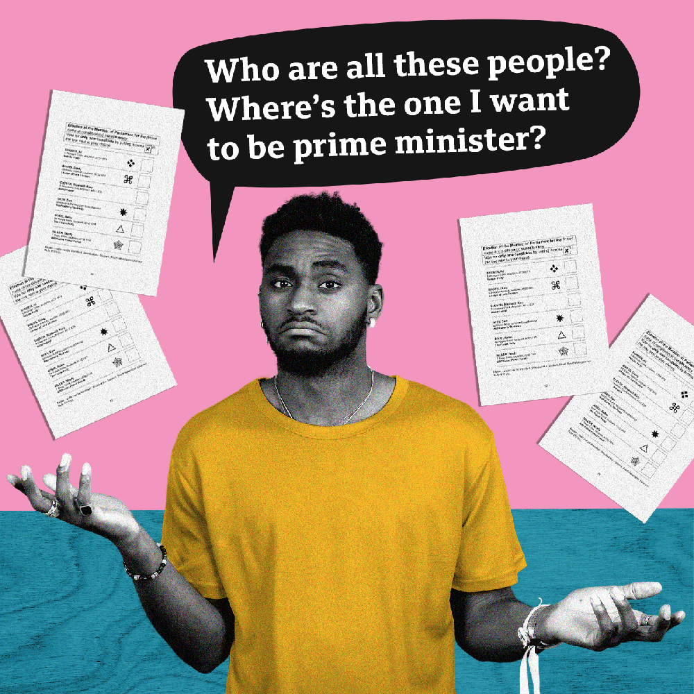 Image of a young man asking "Who are all these people? Where's the one I want to be prime minister?"