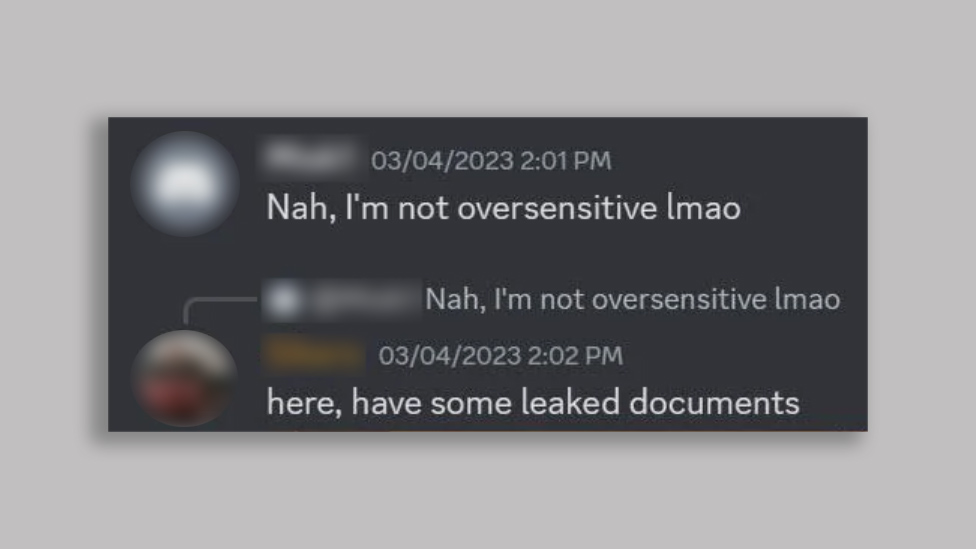 Discord screengrab: "Nah, I'm not oversensitive lmao". "Here, have some leaked documents"
