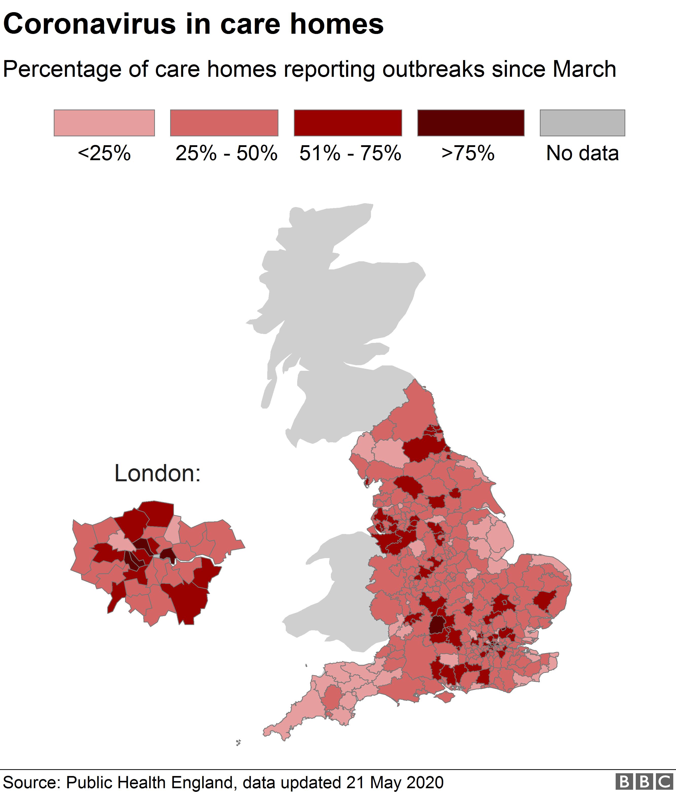 Карта, показывающая долю домов престарелых, сообщающих о вспышках заболеваний по всей Англии