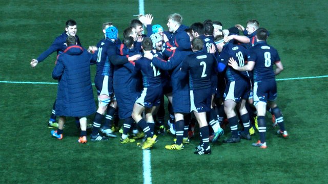 Scotland U20s celebrate beating England U20s at Cumbernauld