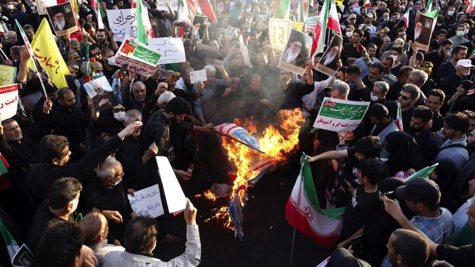 Pro-Iranian government protesters burn flags at a demonstration
