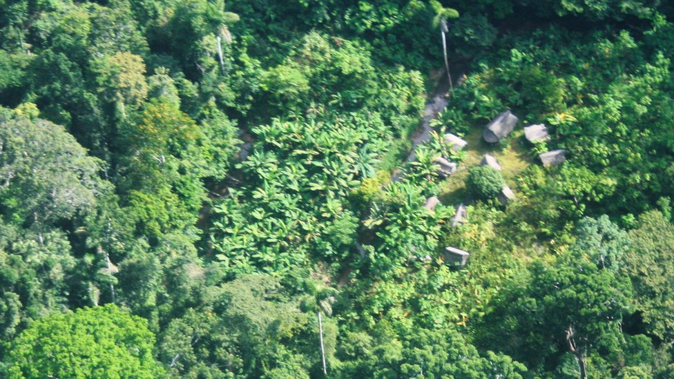 Vista aérea de chozas en la Amazonía.