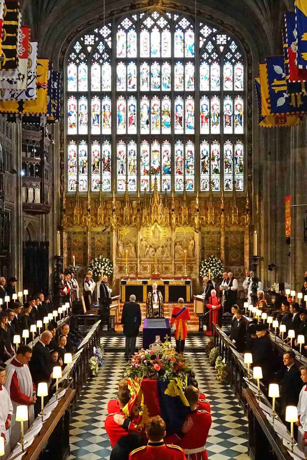 The Bearer Party carry the coffin of Queen Elizabeth II into St George's Chapel inside Windsor Castle