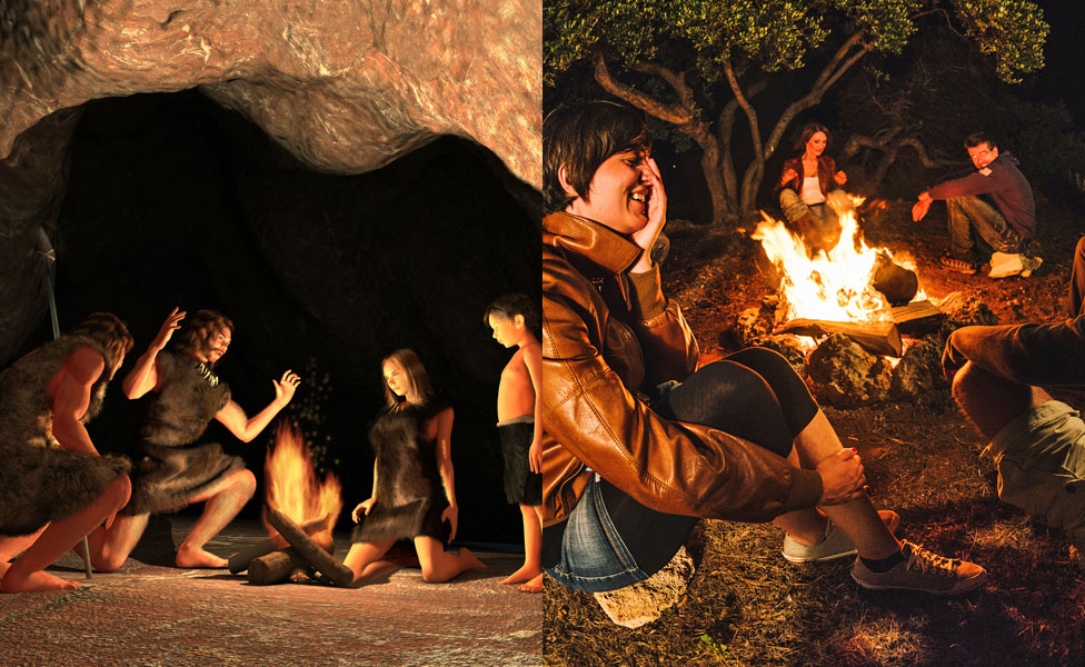 Algo profundamente humano: contar historias, entonces y ahora. Escenas alrededor de una fogata de cavernícolas y ahora.