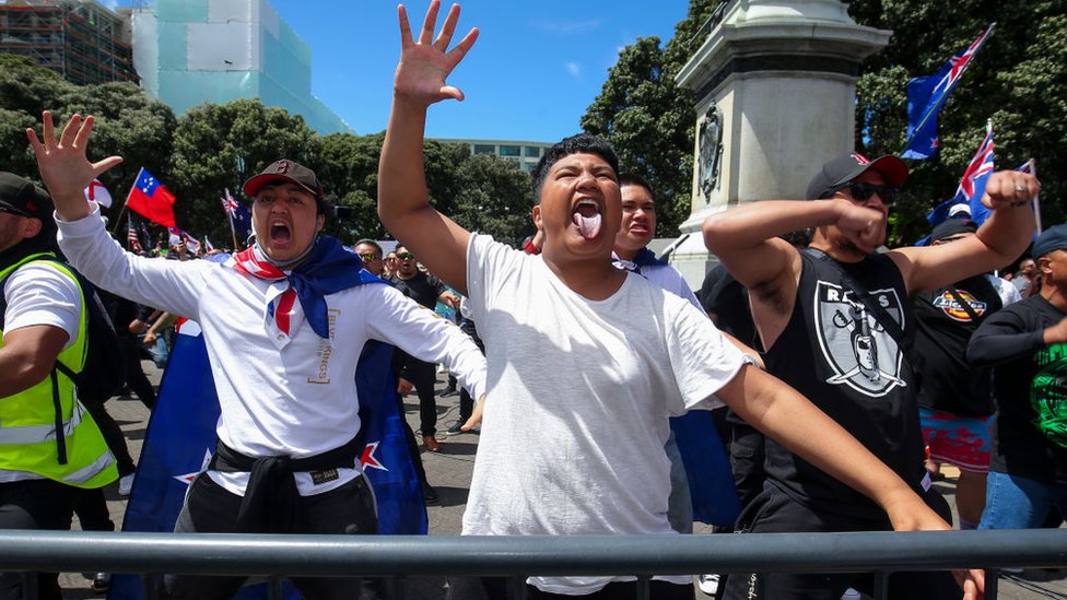 Los manifestantes realizan un haka durante una protesta de la Coalición por la Libertad y los Derechos en el Parlamento el 9 de noviembre de 2021 en Wellington, Nueva Zelanda.