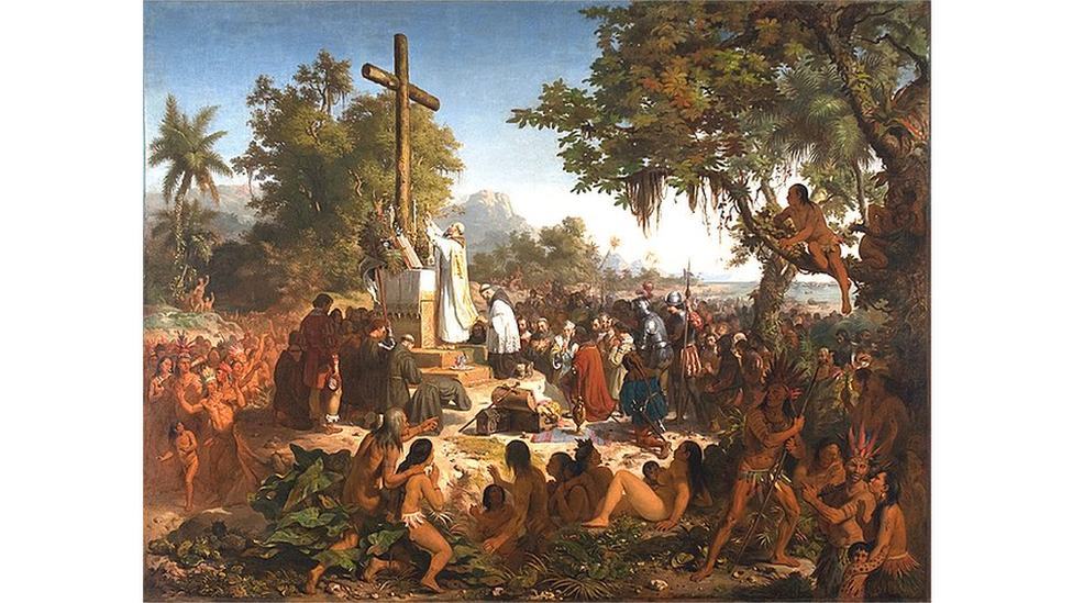 Quadro mostra os nativos acompanhando passivamente o ato litúrgico representado como o inaugural na então colônia portuguesa