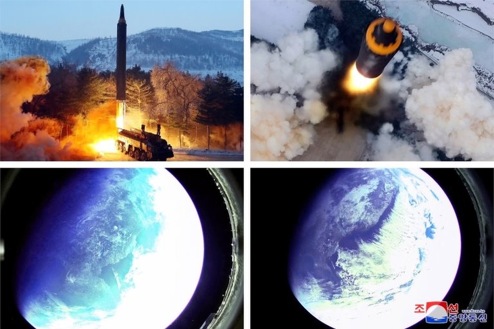 Two pictures of North Korea's missile launch and two of Earth taken from the missile in space
