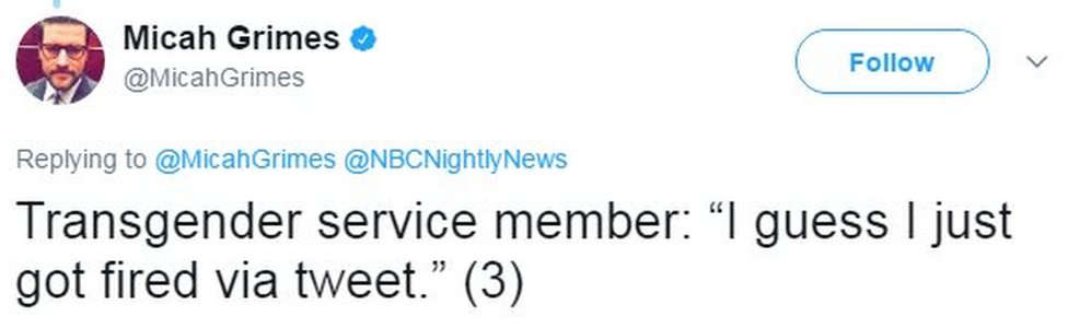Твиттер Мики Граймса на NBC гласит: «Сотрудник службы трансгендеров:« Я думаю, меня только что уволили через твит »