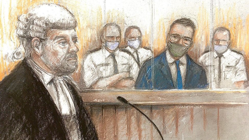 Artist sketch of prosecutor Richard Wright and defendant Pawel Relowicz who is flanked by court security guards