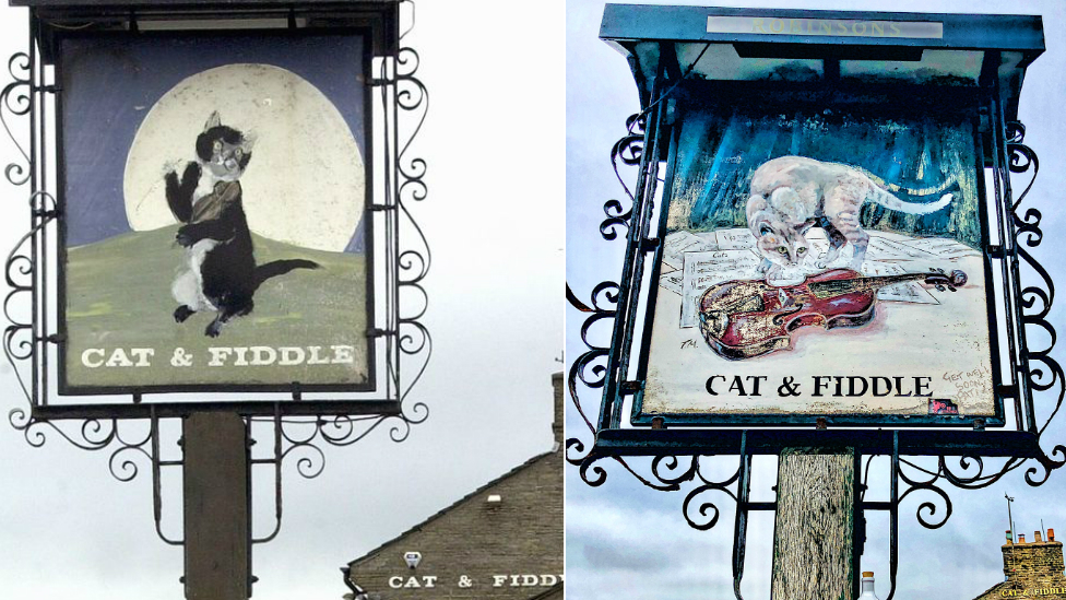 Знак Cat & Fiddle в 1980-х (слева) и в 2019 году