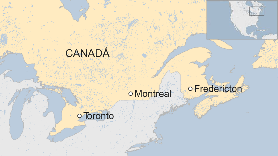 Mapa de Canadá y de la ciudad de Fredericton.