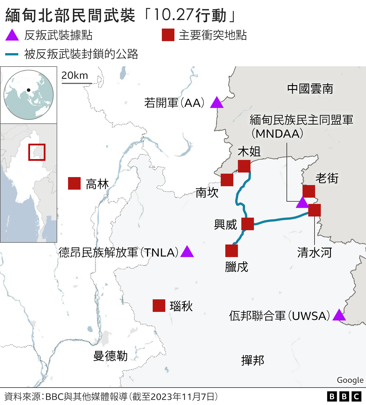 地圖：緬甸北部民間武裝「10.27行動」
