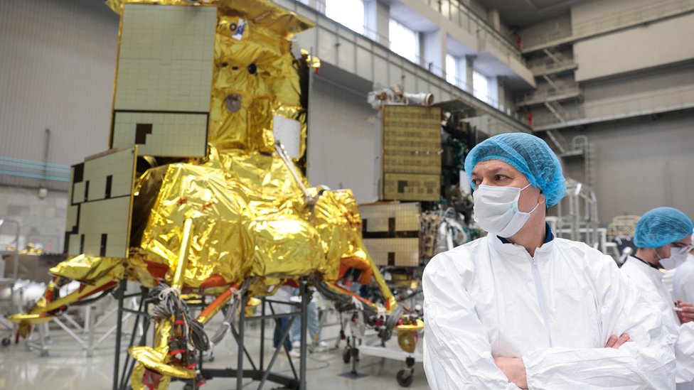 The Luna-25 lunar lander is seen in an assembly facility of the S.A. Lavochkin Research and Production Association