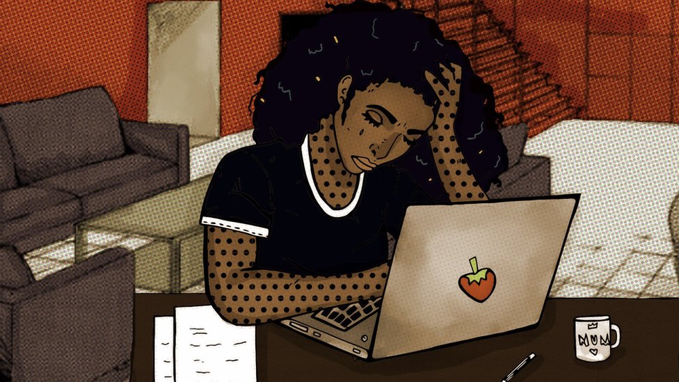 Dibujo de una mujer triste mirando una computadora.