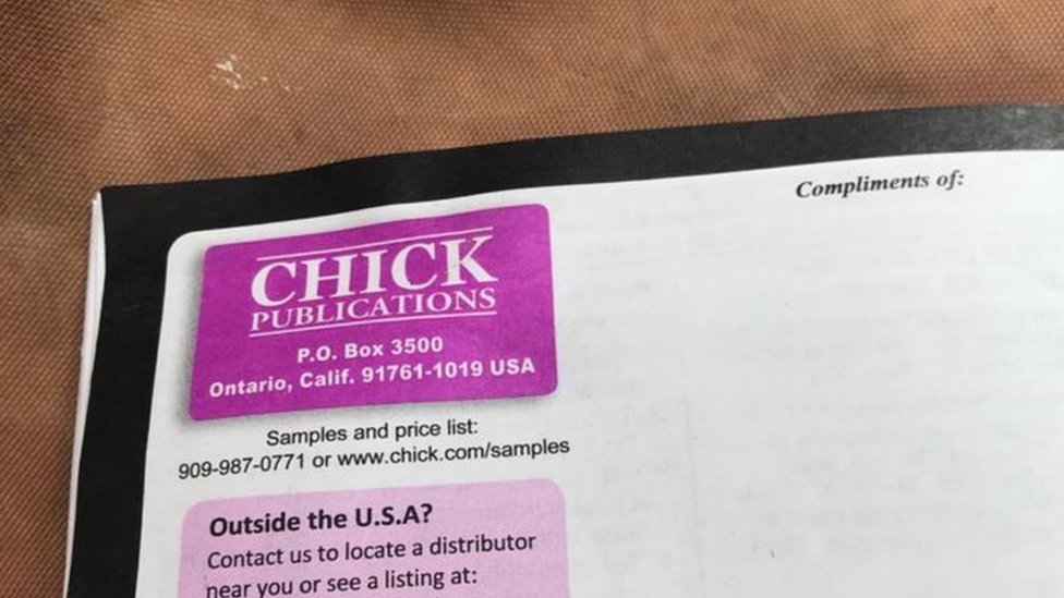 Оборотная сторона одного из буклетов, в котором говорится о Chick Publications