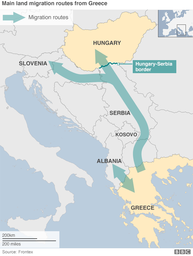 Карта, показывающая основные маршруты наземной миграции из Греции