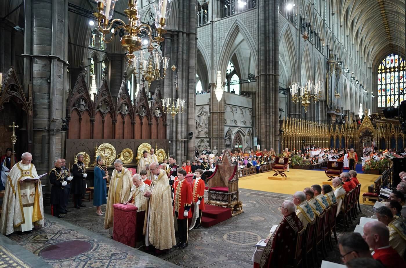King Charles III sits during the coronation ceremony at Westminster Abbey