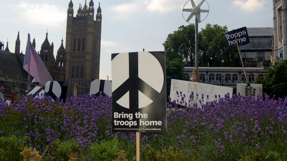 2010 - Parliament Square transformed with a sea of peace protesters' tents and flags into what has been dubbed Democracy Village. Among those taking part in what is an illegal protest are anti-war demonstrators, climate change activists, communists and anarchists, who have been joined by homeless people.