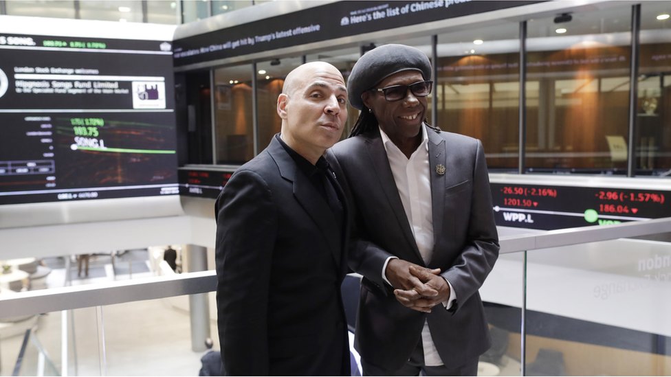 Merck Mercuriadis and Nile Rodgers at the London Stock Exchange