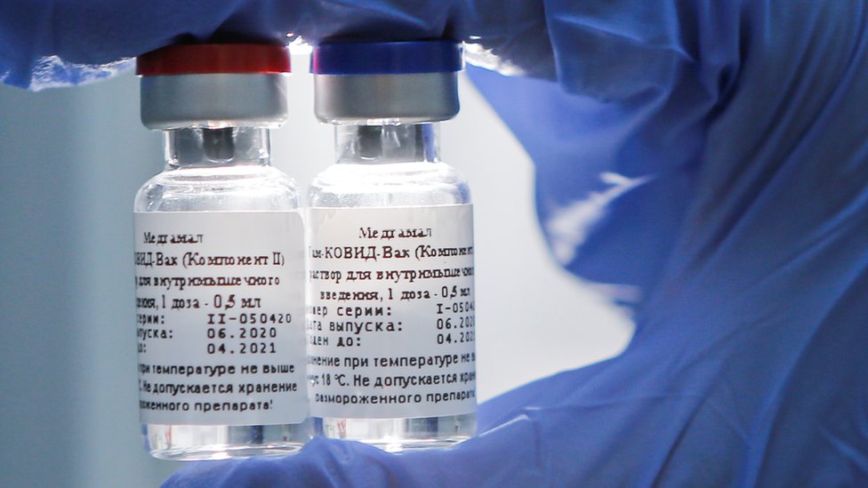 A handout photo shows samples of a vaccine against the coronavirus disease developed by the Gamaleya Research Institute of Epidemiology and Microbiology, in Moscow