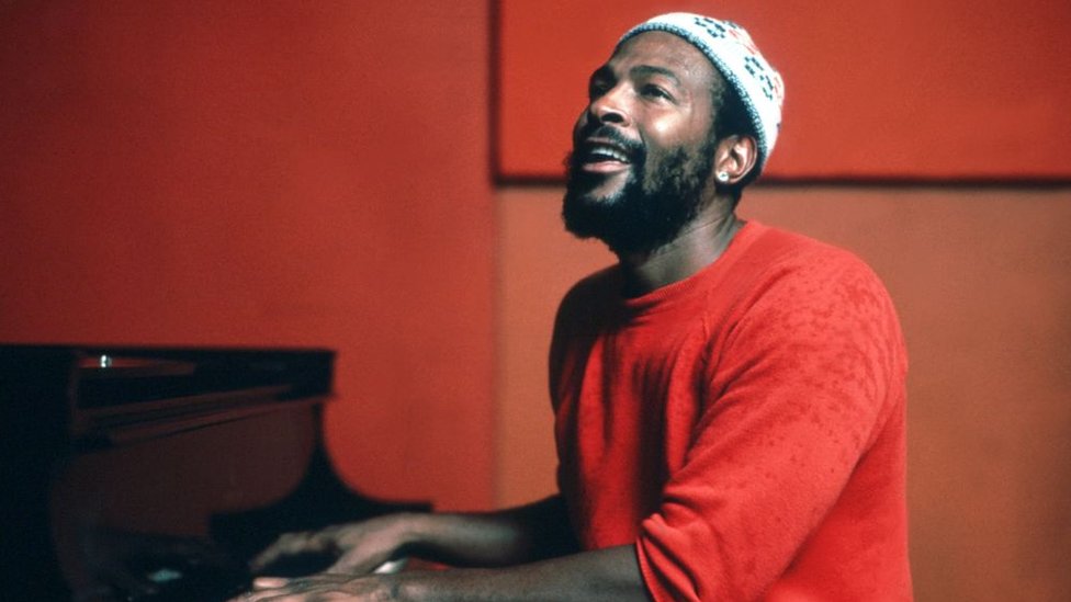 Soul singer Marvin Gaye plays piano as he records in a studio in circa 1974