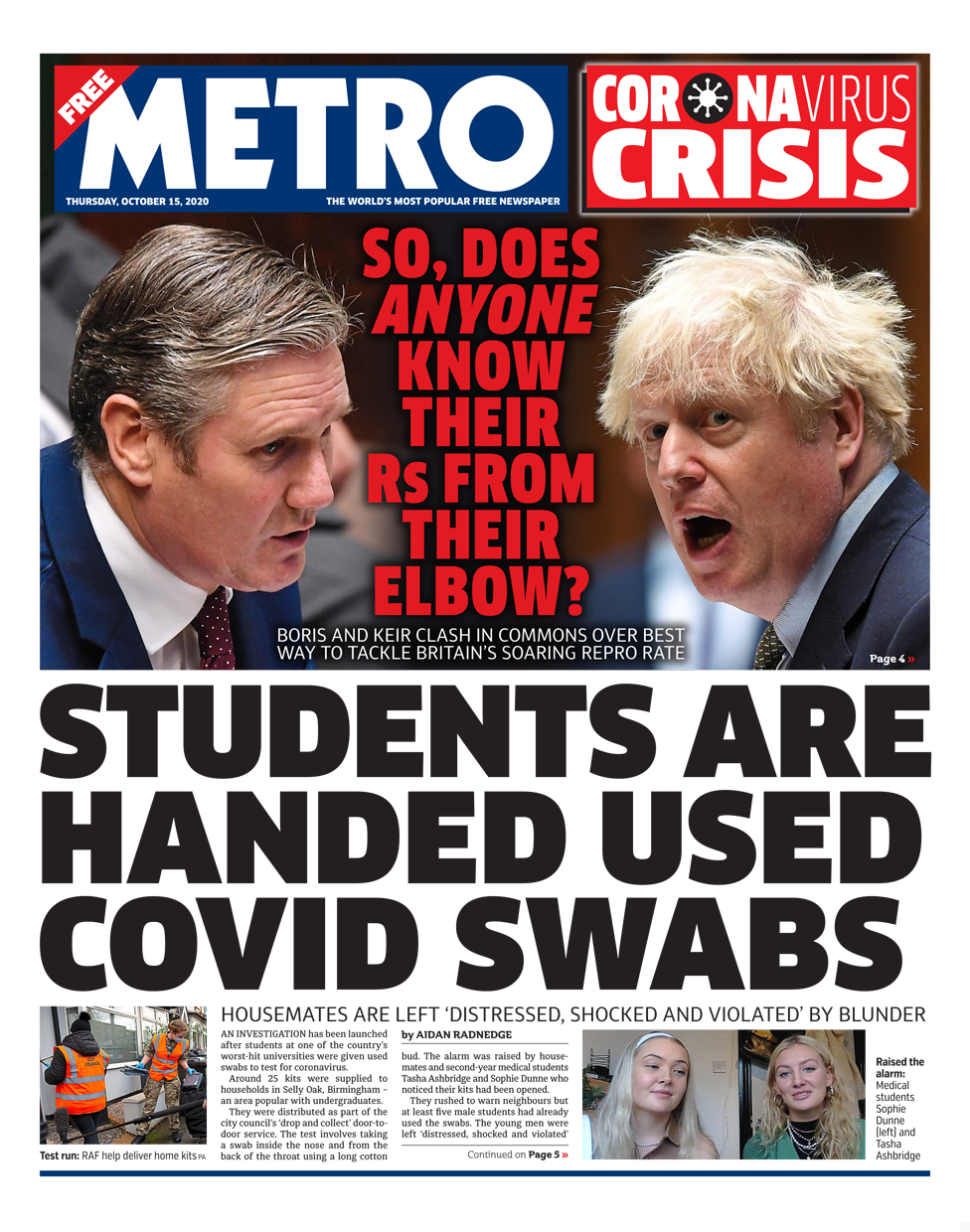 Metro front page 15/10/20