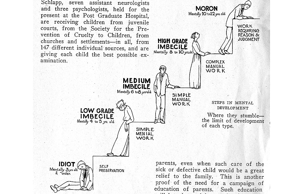 Ilustración en un artículo para los que se dedicaban a la eugenesia. Muestra varios grados de deficientes mentales juveniles, desde idiota hasta tarado, pasando por tres grados de imbecilidad. Ilustración en un artículo para los que se dedicaban a la eugenesia. Muestra varios grados de deficientes mentales juveniles, desde idiota hasta tarado, pasando por tres grados de imbecilidad.