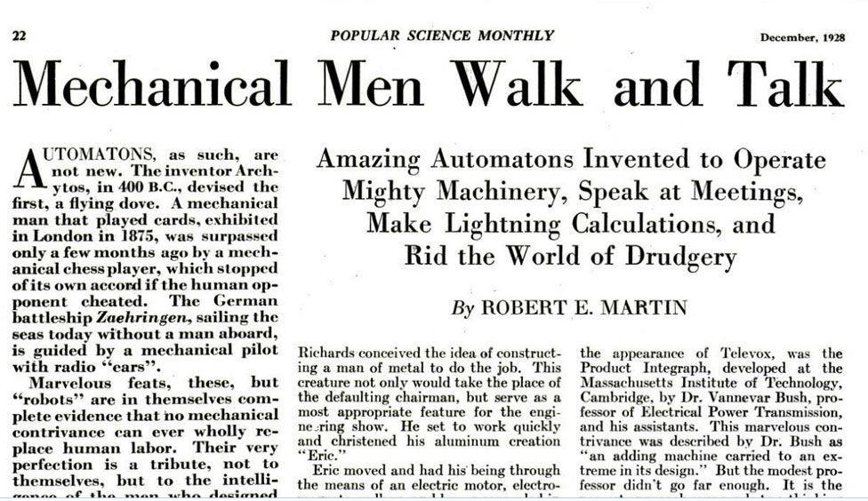Заголовок журнала Popular Science Monthly, 1928: «Механические люди ходят и говорят»