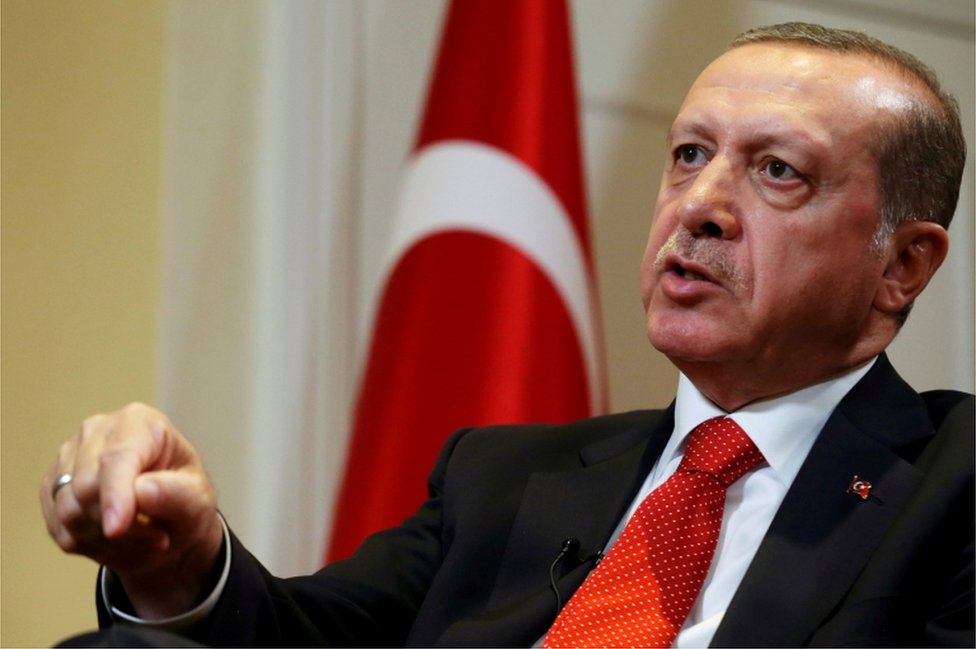 Turkish President Tayyip Erdogan speaks during an interview in New York on 19 September 2016.