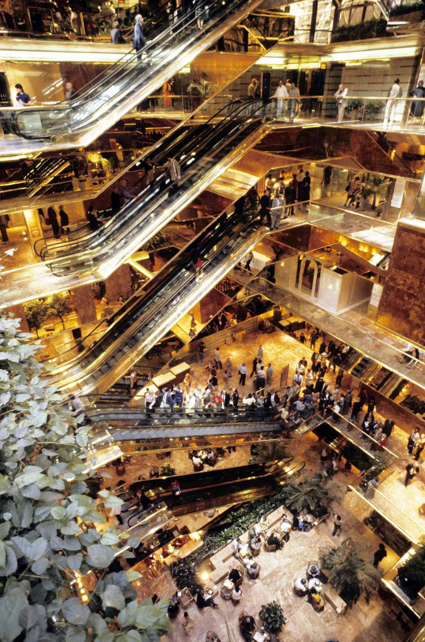 Interior view of the Trump Tower, showing its many escalators, on 28 August 1985