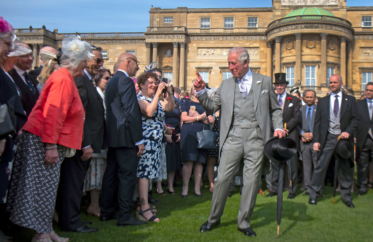 Prince Charles, in 2019, greeting guests at a Buckingham Palace garden party