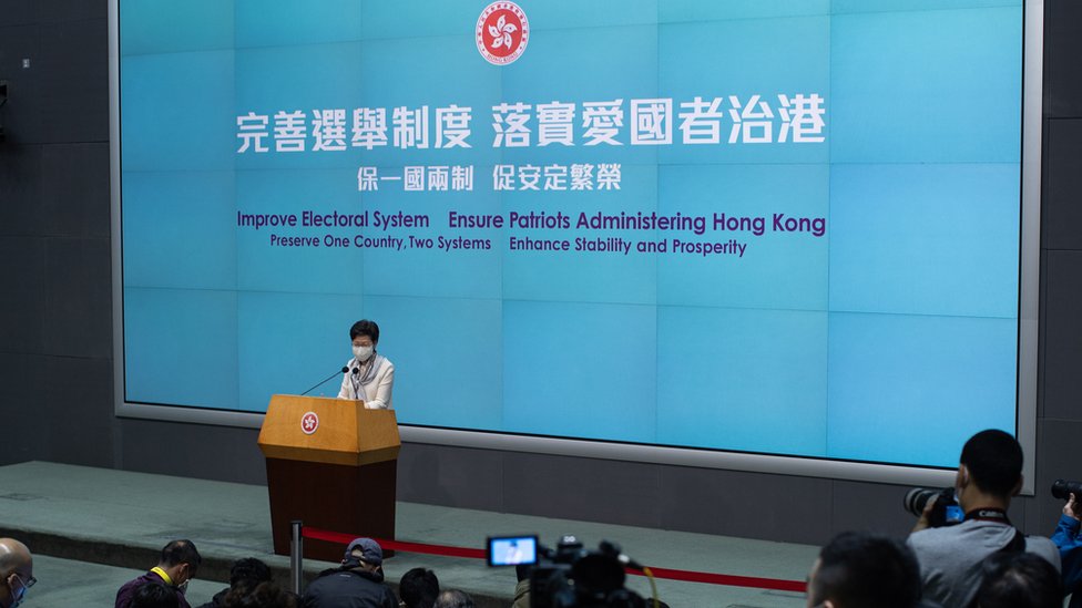 Hong Kong Chief Executive Carrie Lam speaks during a press conference at the Central Government Offices in Hong Kong, China, 11 March 2021.