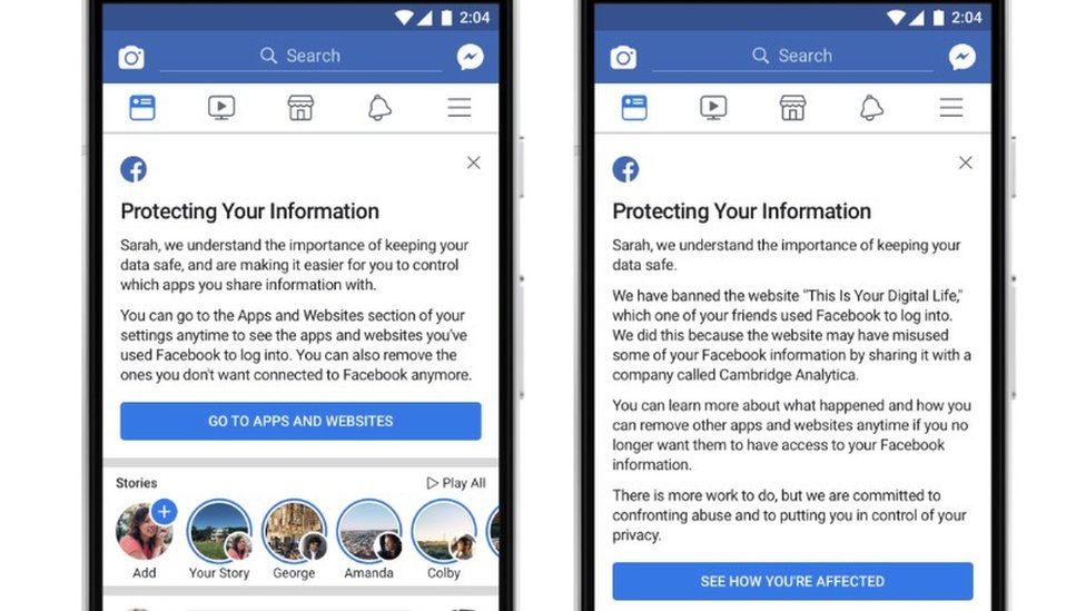 Los mensajes de Facebook que advierten si tu información fue compartida con Cambridge Analytica.