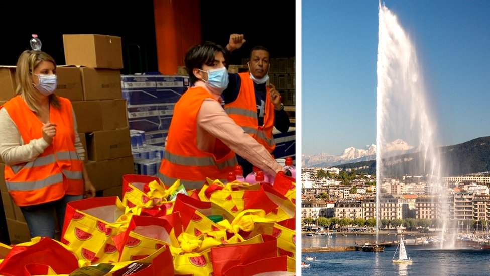 Geneva's famous fountain and a foodbank