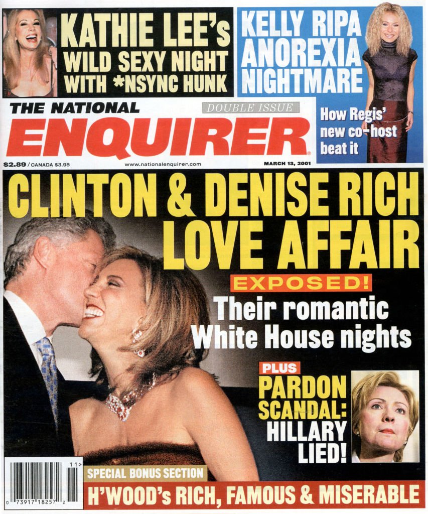 Portada de The National Enquirer del 13 de marzo de 2001 en el que reporta de una supuesta relación de Bill Clinton con la mujer de un financista fugitivo