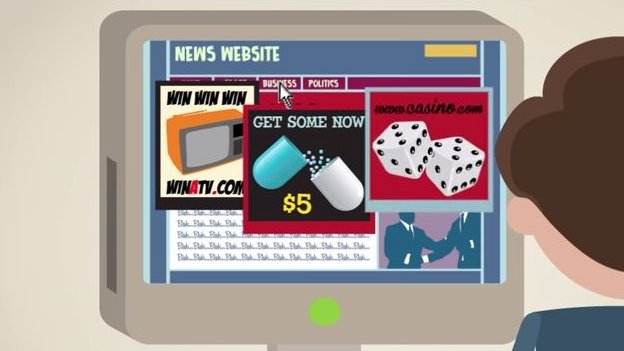 AdBlock Plus video showing pop up adverts on a web page
