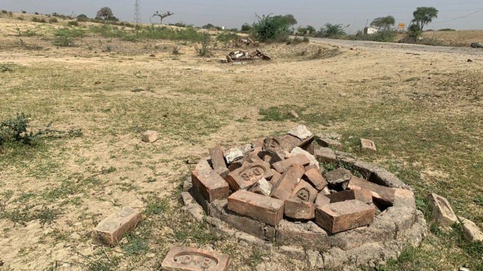 Ladrillos en un terreno que en algún momento protegieron una plántula en Uttar Pradesh