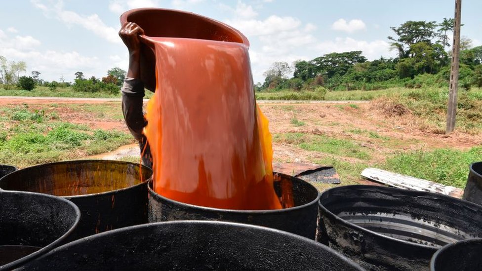 A woman pours a container of palm oil into a barrel in Divo. Ivory Coast