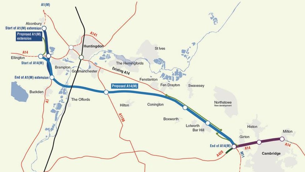 Карта новой A14 и местной дороги, Кембриджшир