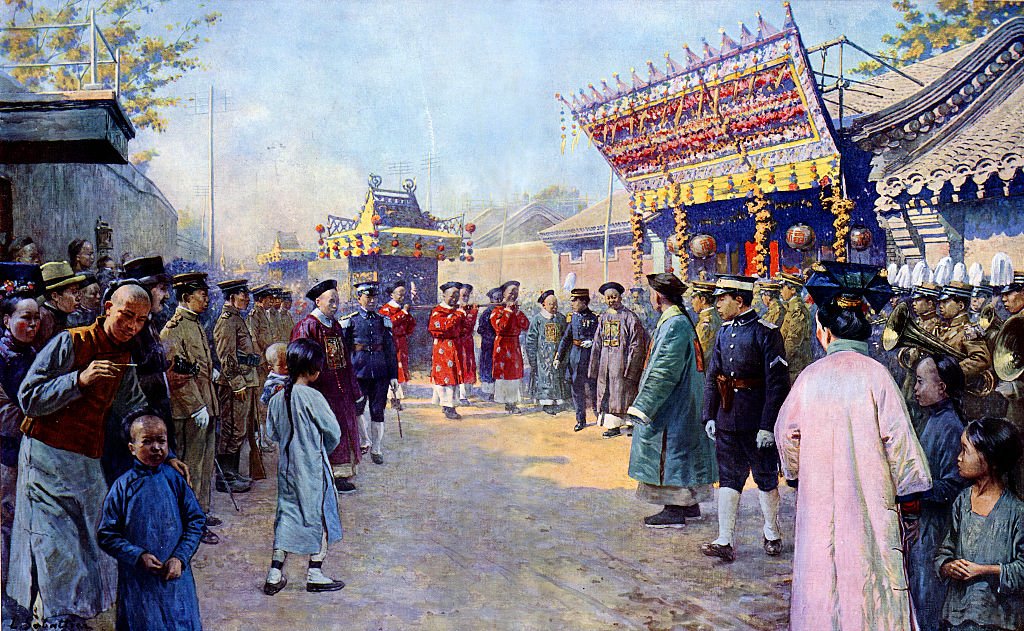 Procesión de regalos de boda de Puyi, emperador Xuantong de China (1906 Ð 1967), a su prometida Lady Gobulo, la emperatriz Xiaokemin (1906 Ð 1946).