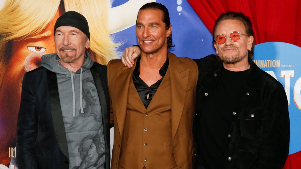 Matthew McConaughey, The Edge and Bono at the Sing 2 premiere