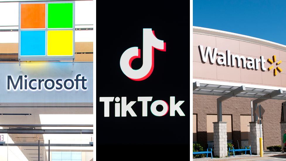Сочетание логотипов Walmart, Microsoft и Tik Tok