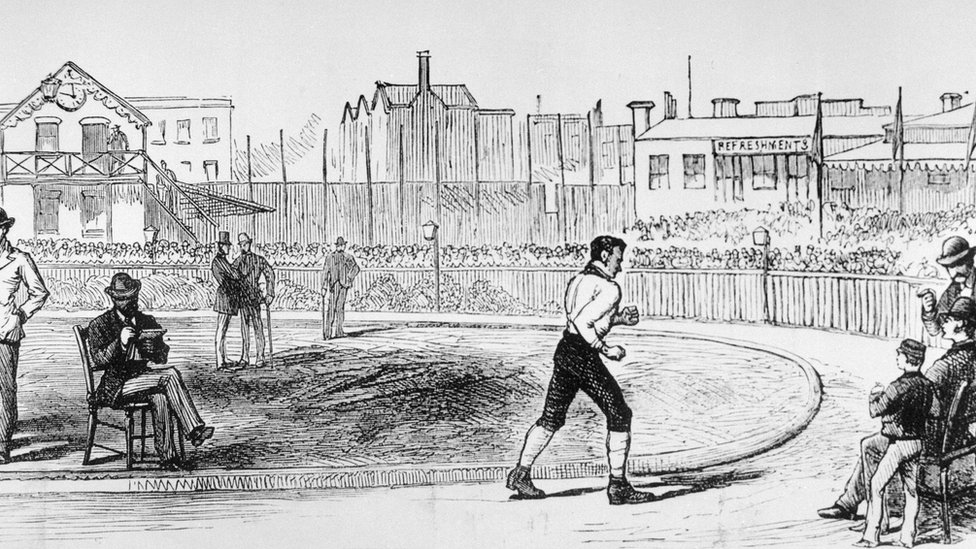 Si bien en el inicio de las Olimpiadas modernas se corría en el sentido de las agujas del reloj, ya había pruebas de carreras que iban en otra dirección. William Gale en una ilustración de 1877.