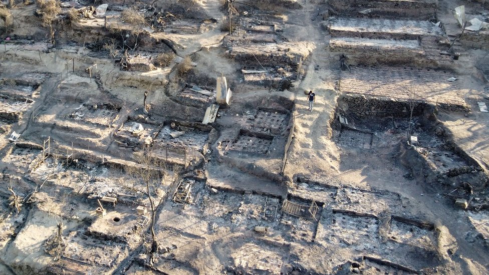 An aerial view of destroyed shelters following a fire at the Moria camp for refugees and migrants on the Island of Lesbos, Greece, 9 September 2021