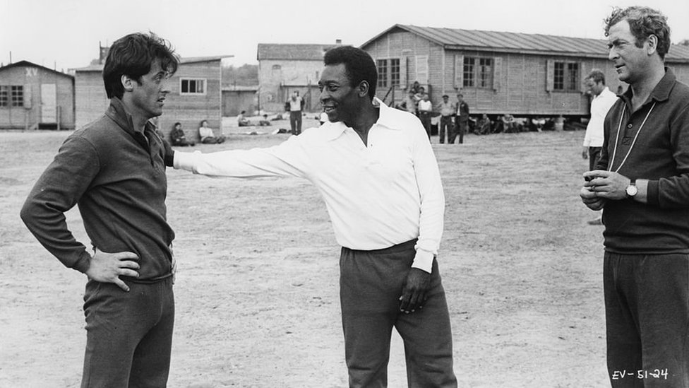 Sylvester Stallone (left), Pele and Michael Caine during the shooting of 1981 movie Escape to Victory